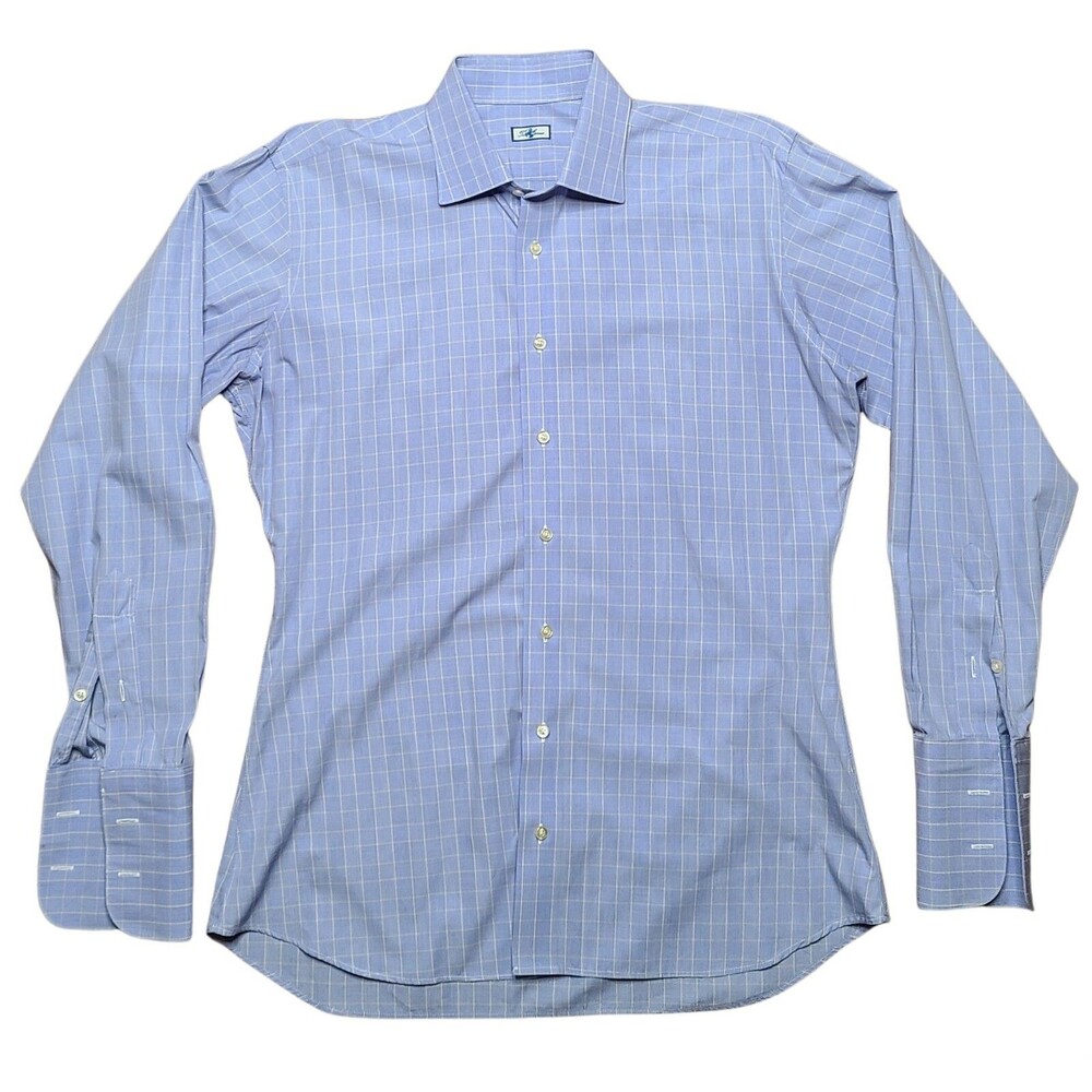 Tom James Men's Shirt Size Large Blue Yellow Check Long Sleeve French Cuff